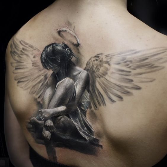 Create a dynamic tattoo of an angel and a demon engaged in a fierce battle,  symbolizing the eternal struggle between good and evil within oneself.  tattoo idea | TattoosAI